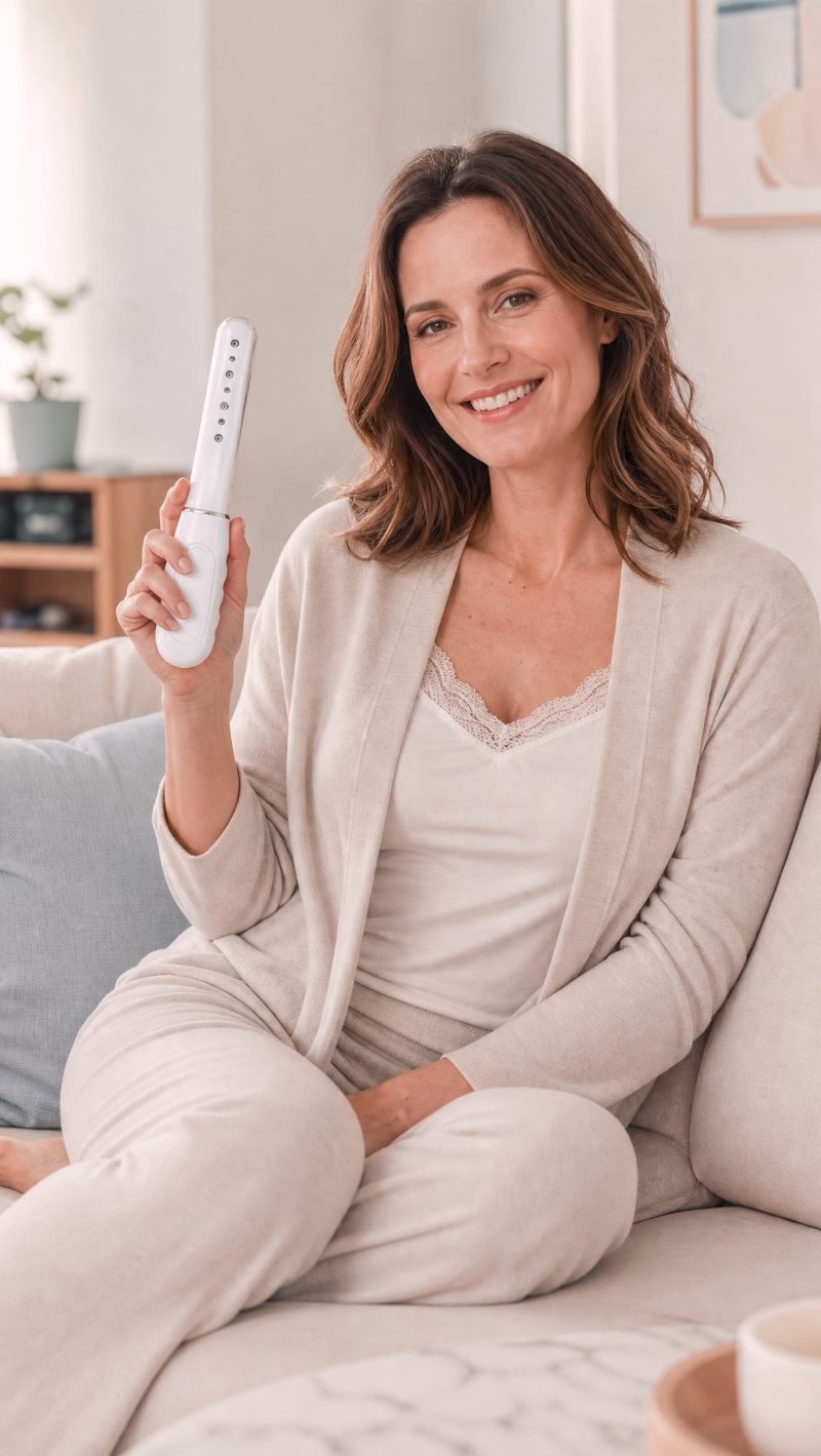 A woman relaxing on her sofa, holding the Solene device