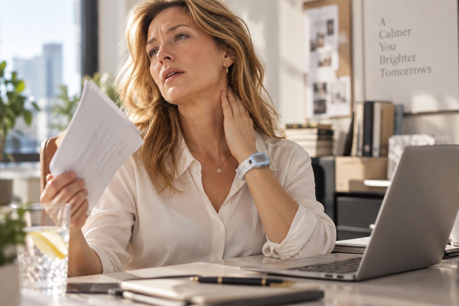Woman in an office touching her neck during a hot flash, wearing the GapaFeel personal cooling device on her wrist